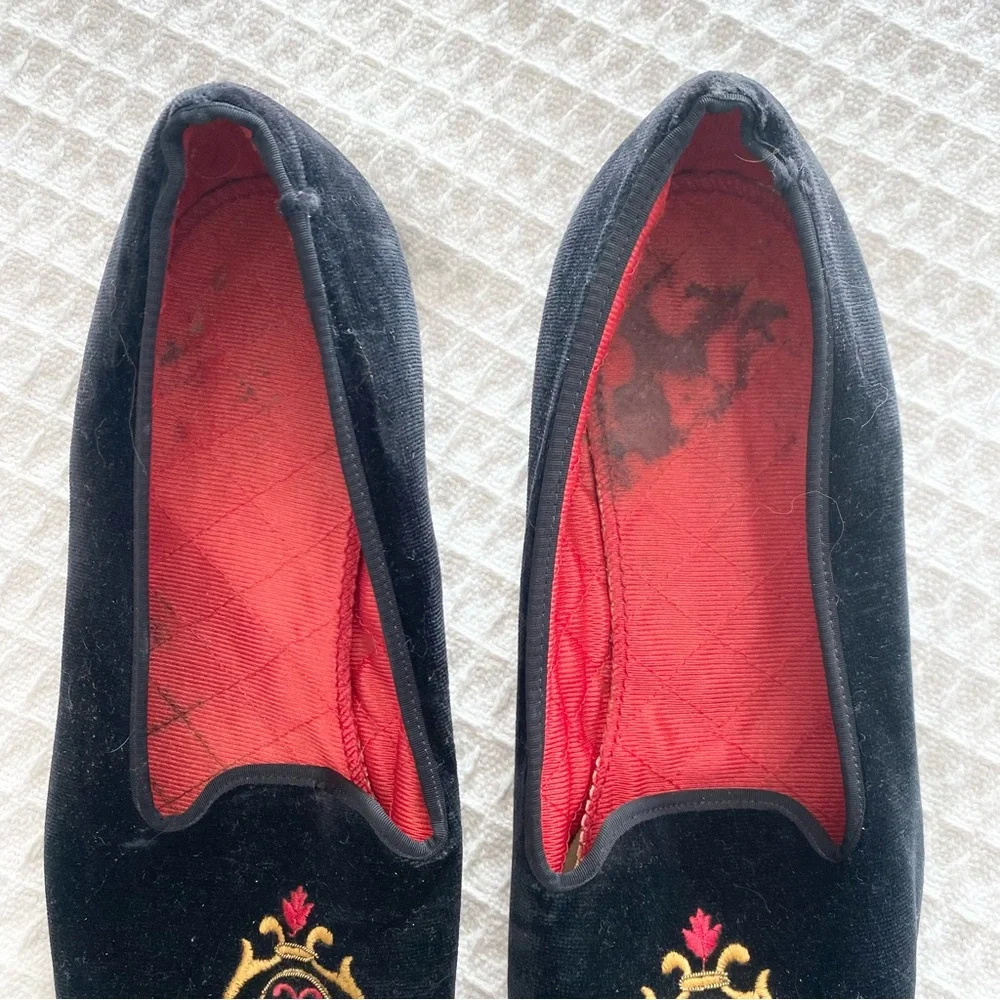 Peal & Co. for Brooks Brothers Black Velvet Loafers with Gold Embroidery size 10